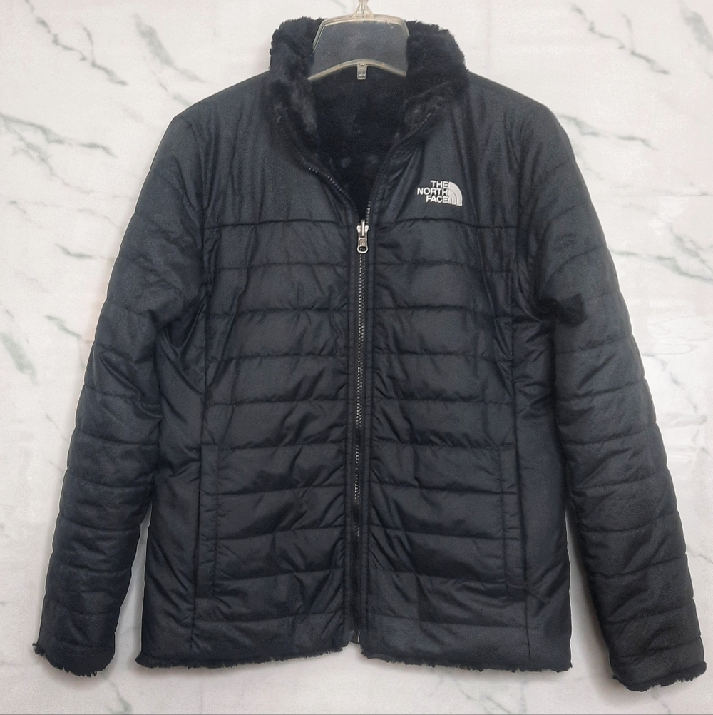 NORTH FACE Black Puffer Jacket Reversible High Pile Fleece Girls 14 16 Women S - Picture 12 of 12